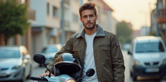 Jeune homme avec casque à côté d'un scooter en ville