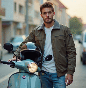 Jeune homme avec casque à côté d'un scooter en ville