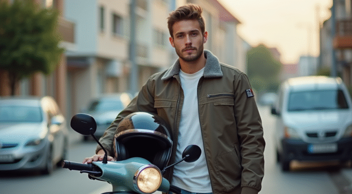 Jeune homme avec casque à côté d'un scooter en ville