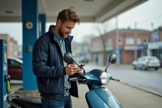 Jeune homme avec scooter à la station essence urbaine