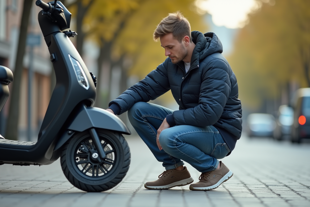 Jeune homme inspectant un scooter en ville