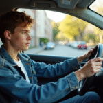 Conduire seul à 17 ans : réglementation et conditions en France Jeune homme français en denim dans une voiture urbaine