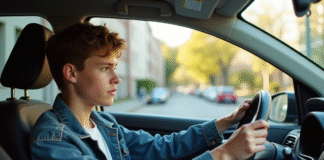 Conduire seul à 17 ans : réglementation et conditions en France Jeune homme français en denim dans une voiture urbaine