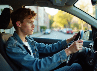 Conduire seul à 17 ans : réglementation et conditions en France Jeune homme français en denim dans une voiture urbaine