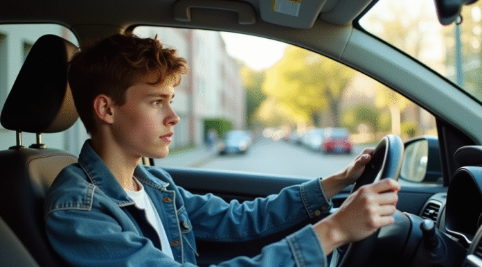 Conduire seul à 17 ans : réglementation et conditions en France Jeune homme français en denim dans une voiture urbaine