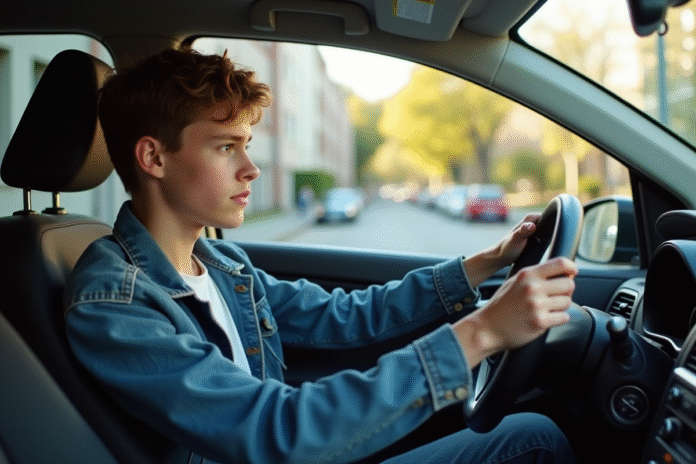 Jeune homme français en denim dans une voiture urbaine