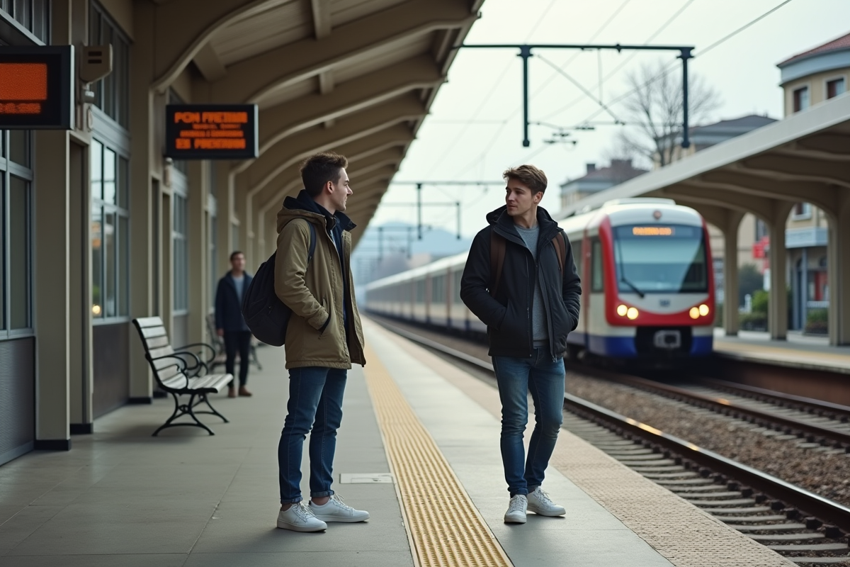 Deux jeunes hommes discutant sur une plateforme de train en banlieue