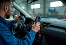 Mecanicien utilisant un outil de diagnostic sur une Citroen