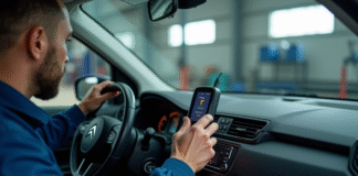 Mecanicien utilisant un outil de diagnostic sur une Citroen