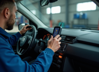 Mecanicien utilisant un outil de diagnostic sur une Citroen