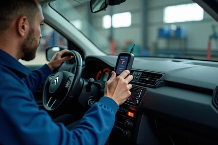 mecanicien-diagnostic-citroen Mecanicien utilisant un outil de diagnostic sur une Citroen