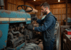 Agriculteur inspectant un tracteur usé dans un atelier ensoleille