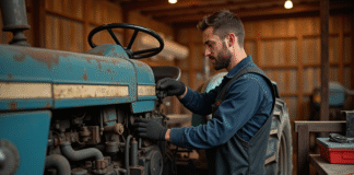 Agriculteur inspectant un tracteur usé dans un atelier ensoleille