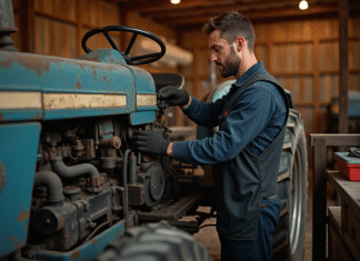 Comment bien entretenir son tracteur d’occasion Agriculteur inspectant un tracteur usé dans un atelier ensoleille