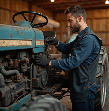 Agriculteur inspectant un tracteur usé dans un atelier ensoleille