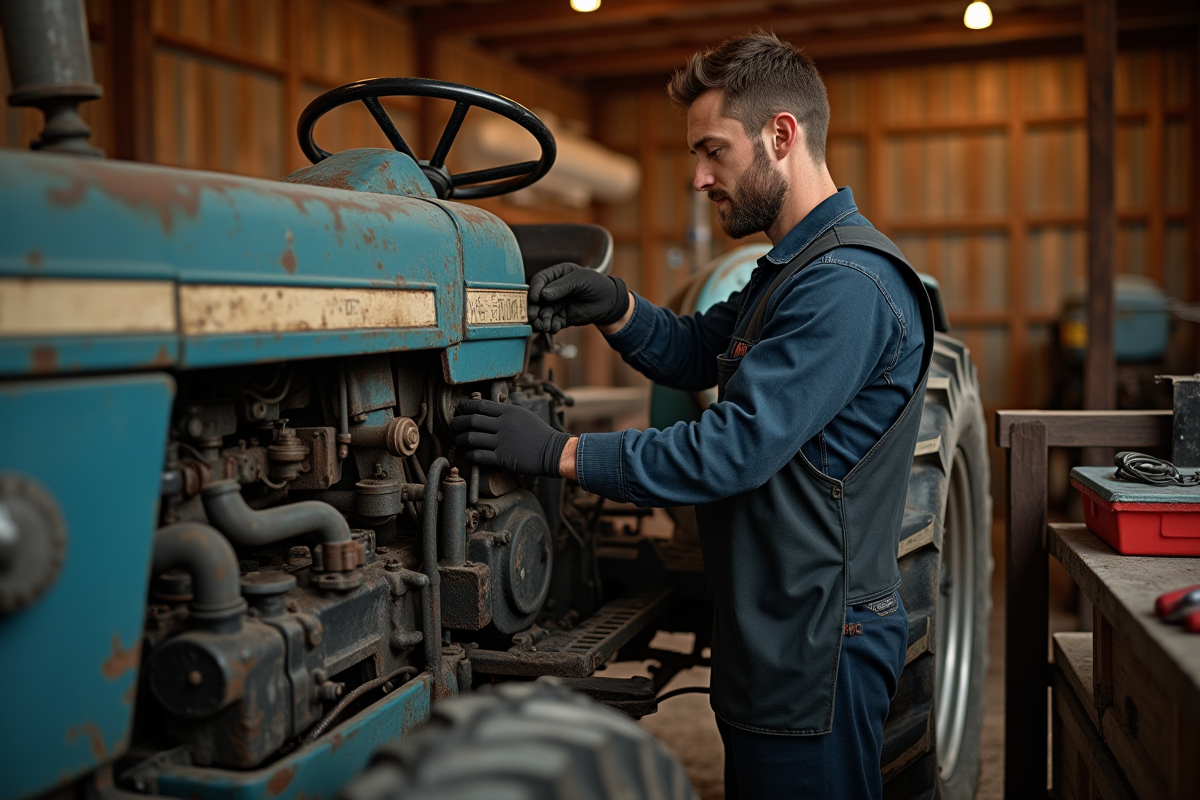Agriculteur inspectant un tracteur usé dans un atelier ensoleille