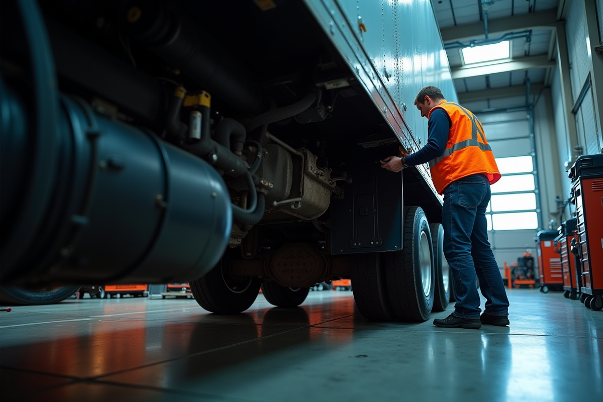 Mecanicien examine la partie sous du camion en atelier