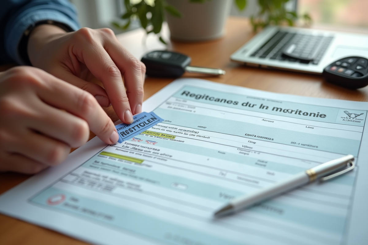 Main posant une nouvelle adresse sur une carte grise francaise sur un bureau