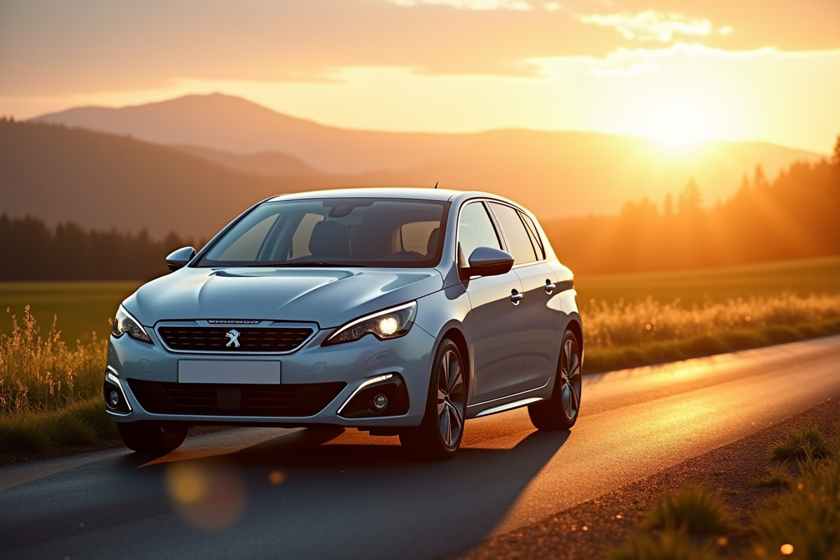 Peugeot 308 sur route de campagne au coucher du soleil