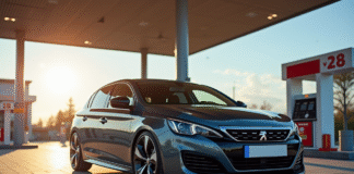 Peugeot 308 2021 station essence en plein jour