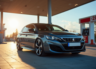 Peugeot 308 2021 station essence en plein jour