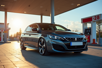 Peugeot 308 2021 station essence en plein jour