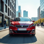 Peugeot 308 en ville en journée en gros plan