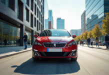 Peugeot 308 en ville en journée en gros plan