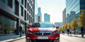 Peugeot 308 en ville en journée en gros plan