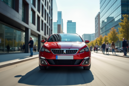 Peugeot 308 en ville en journée en gros plan