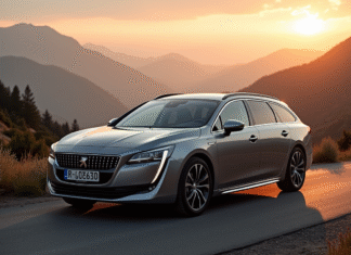 Peugeot 508 SW en montagne au lever du soleil