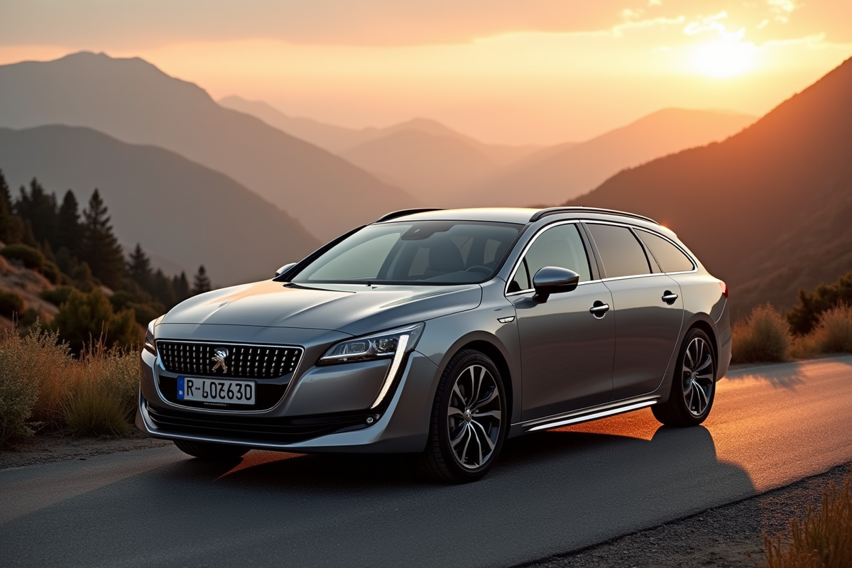 Peugeot 508 SW en montagne au lever du soleil