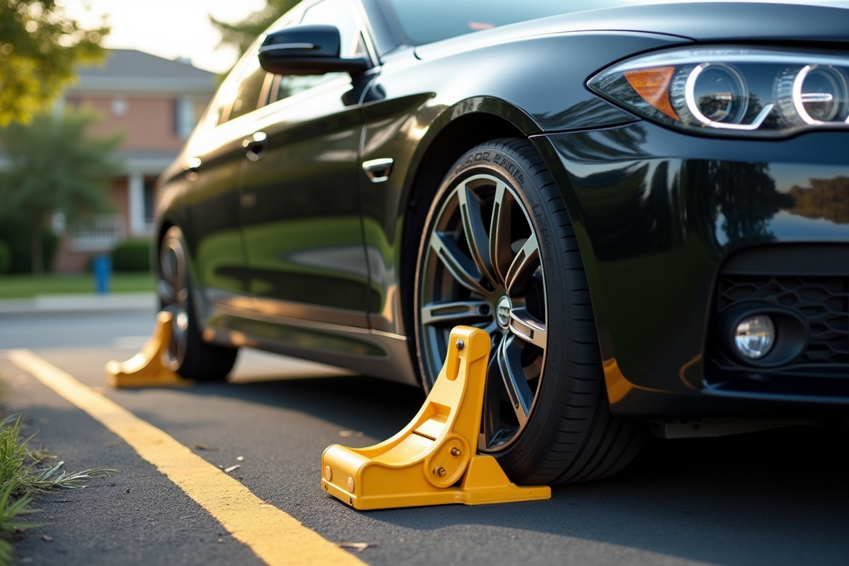 Roues de voiture avec chaîne de blocage dans parking résidentiel en matinée