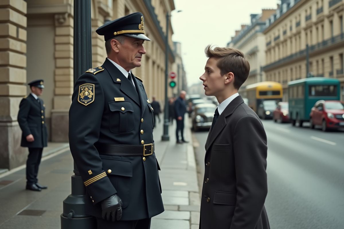 Policier français ajustant barrière avec jeune garçon années 50