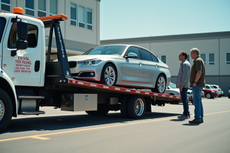 Voiture argentée chargée sur une dépanneuse en parking privé en plein jour