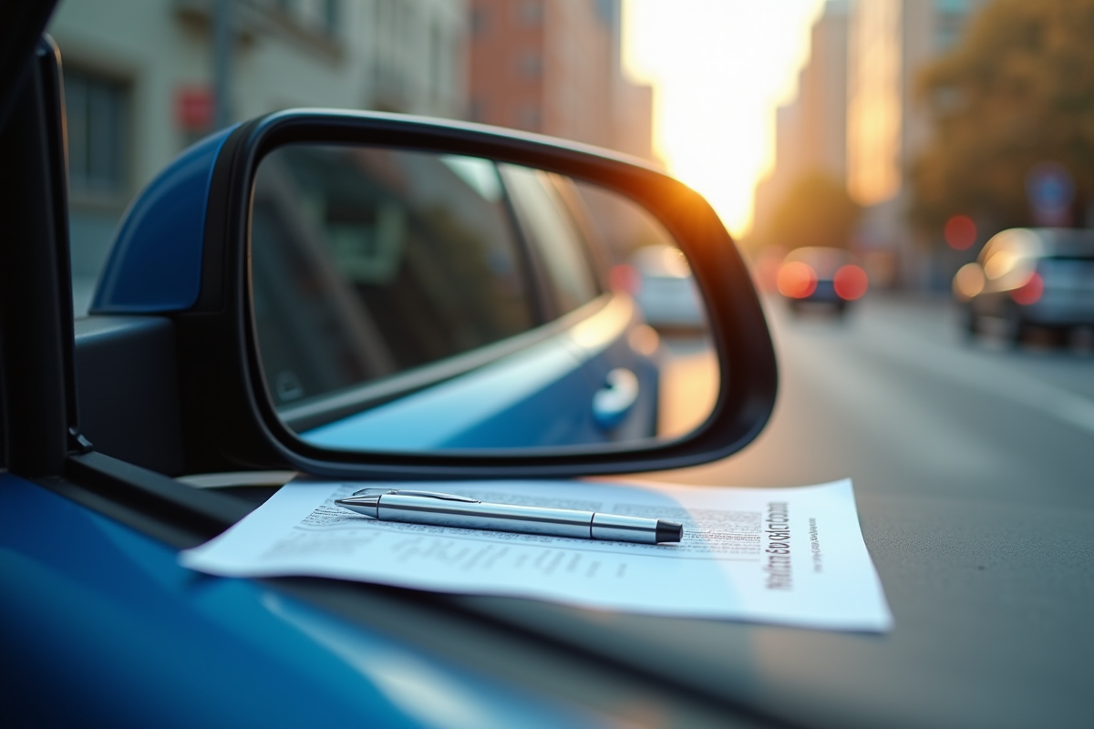 Rétroreflection du miroir de voiture sur une rue urbaine avec document d