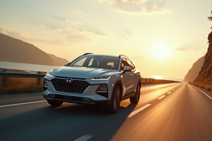 suv-hybride-route-scenique SUV hybride moderne sur une route ensoleillee