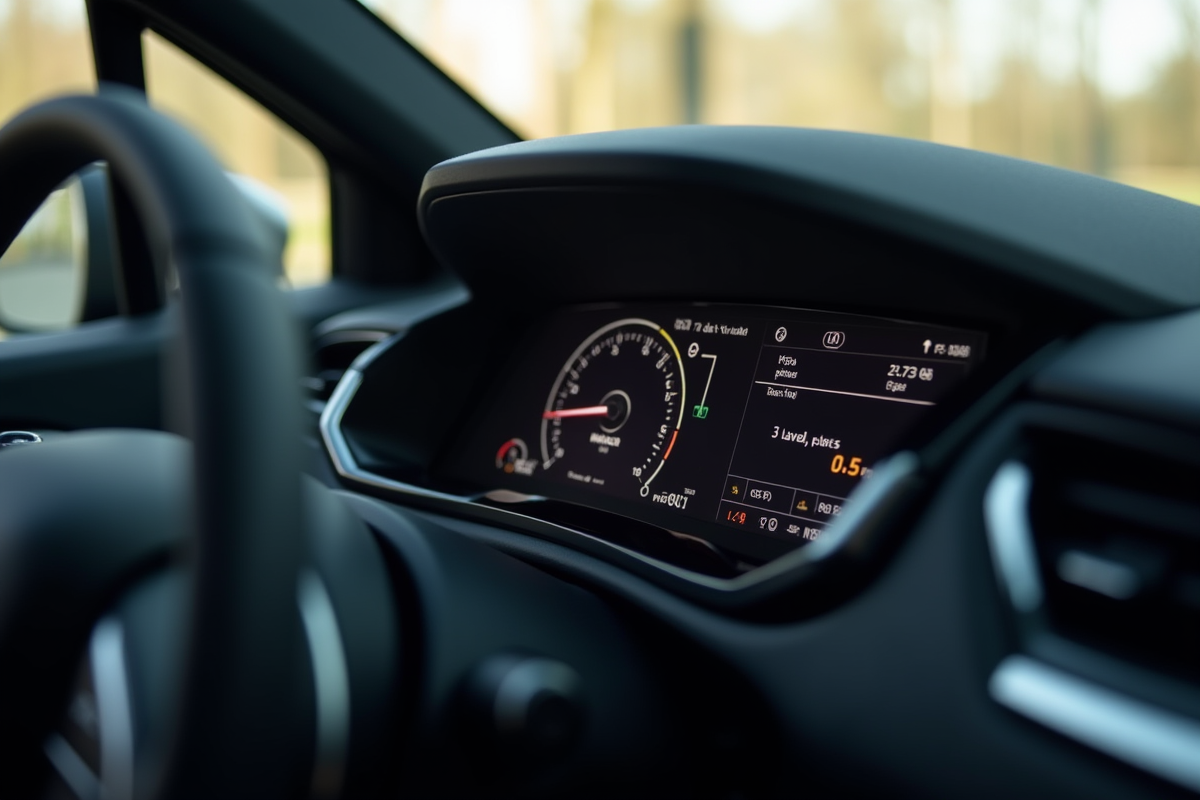 Tableau de bord de la Peugeot 308 avec jauge essence