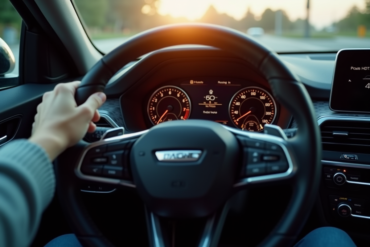 Tableau de bord moderne avec voyant ASR allumé en plein jour