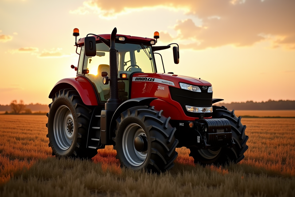 Tracteur propre dans un champ rural au coucher du soleil