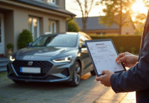 Voiture francaise devant une maison en banlieue avec personne changeant d'adresse