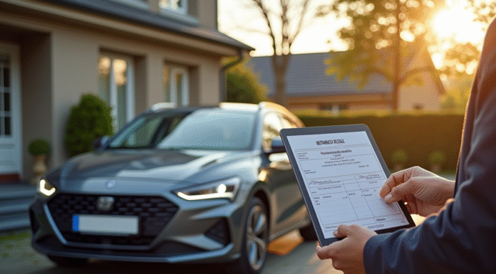 Changement adresse carte grise : prix et procédure à connaître en 2025 ! Voiture francaise devant une maison en banlieue avec personne changeant d'adresse